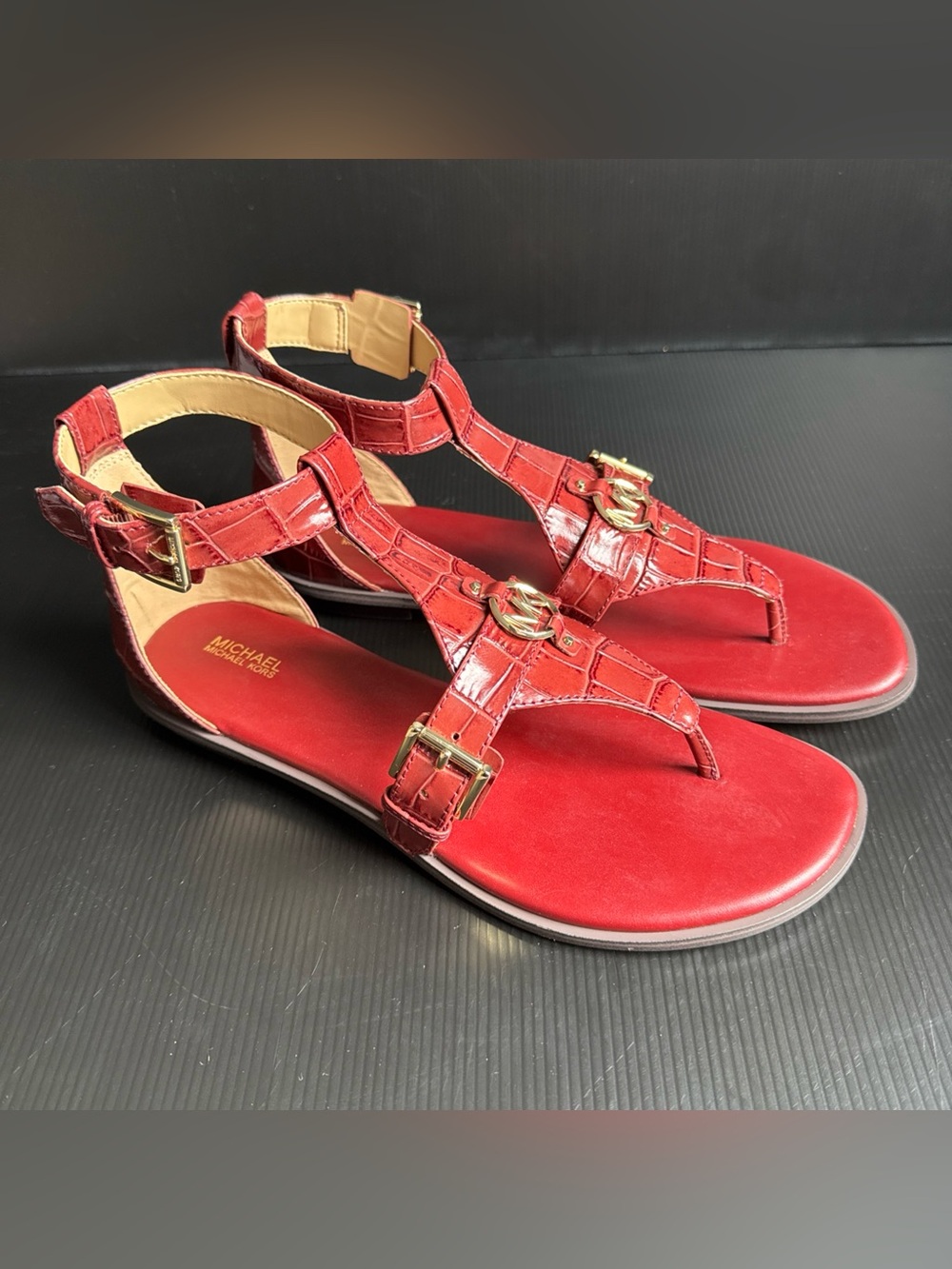 NIB Michael Kors Preston Flat Sandal Brandy Embossed Leather Shoe Womens Size 10 - Picture 4 of 12